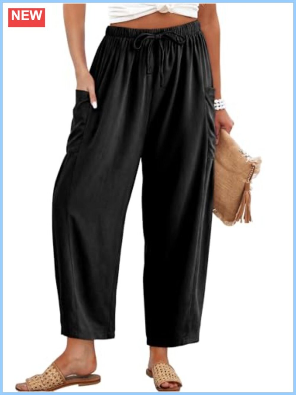 Women's Cotton Linen Wide Leg Palazzo Harem Pants Drawstring Elastic Waist